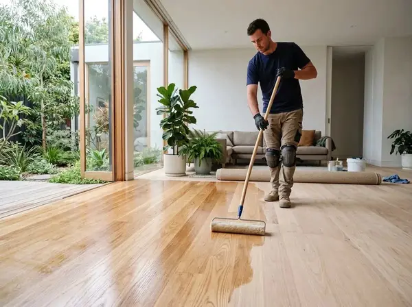 Profissional aplicando verniz com rolo em piso de madeira em sala ampla